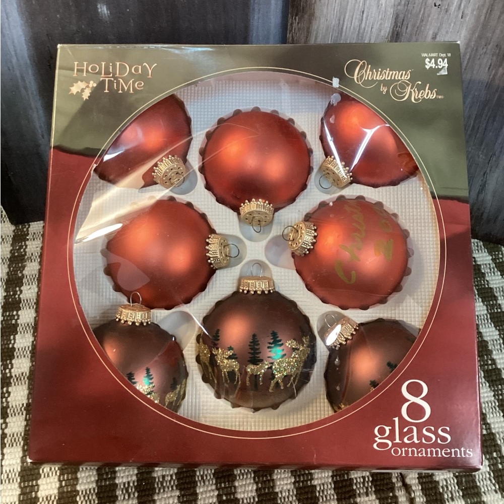 Moose Themed Rust & Brown Glass Boxed Glitter Ornaments Christmas by Krebs